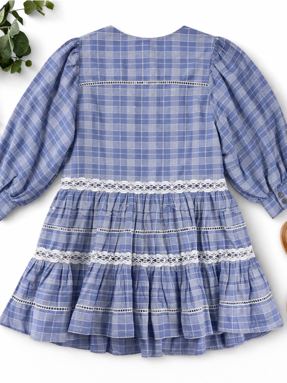 Free People Blue Plaid Lace Babydoll Mini Dress Boho Prairie Small - Picture 3 of 13